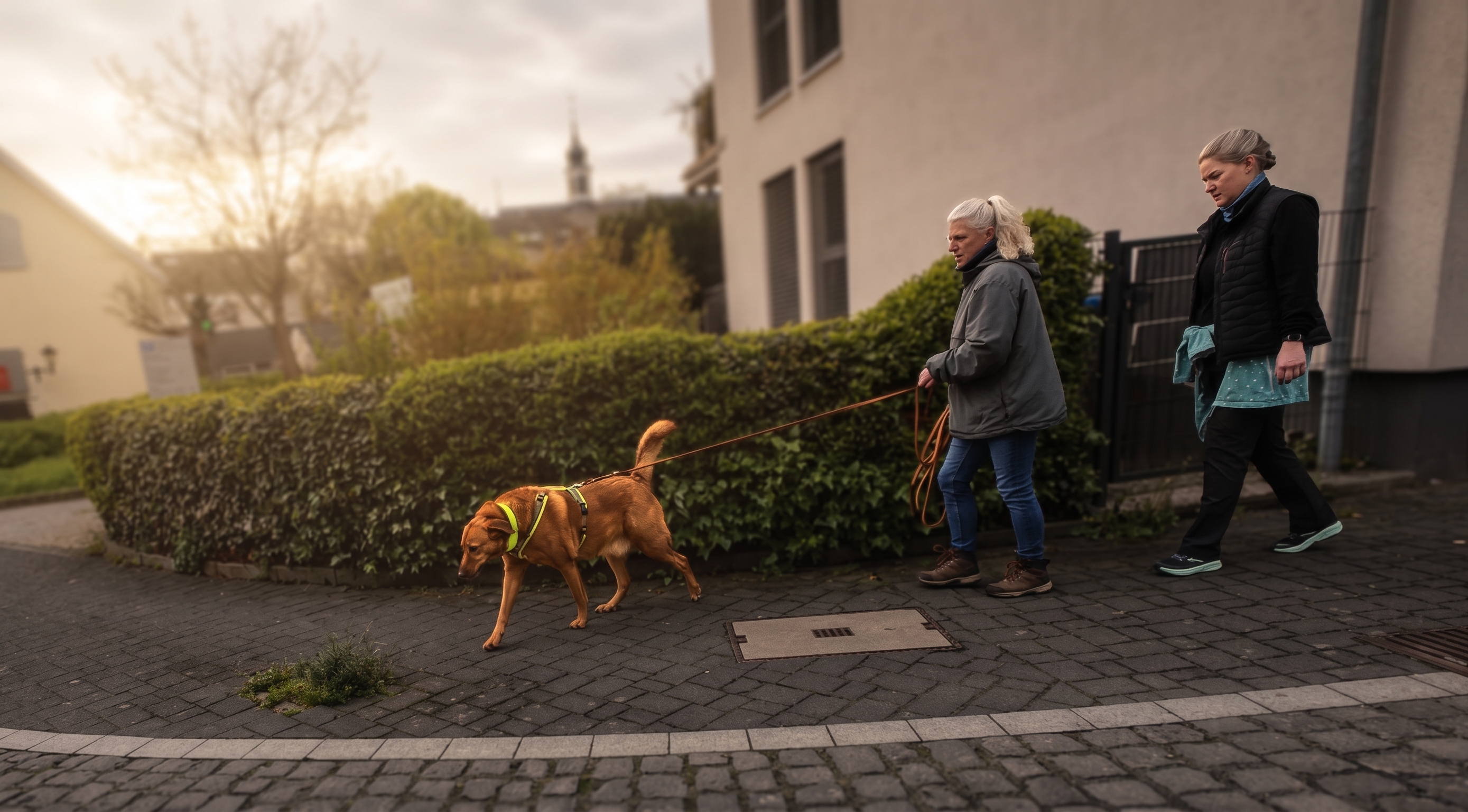 Mantrailing-Training mit Team und Trainerin in urbaner Umgebung